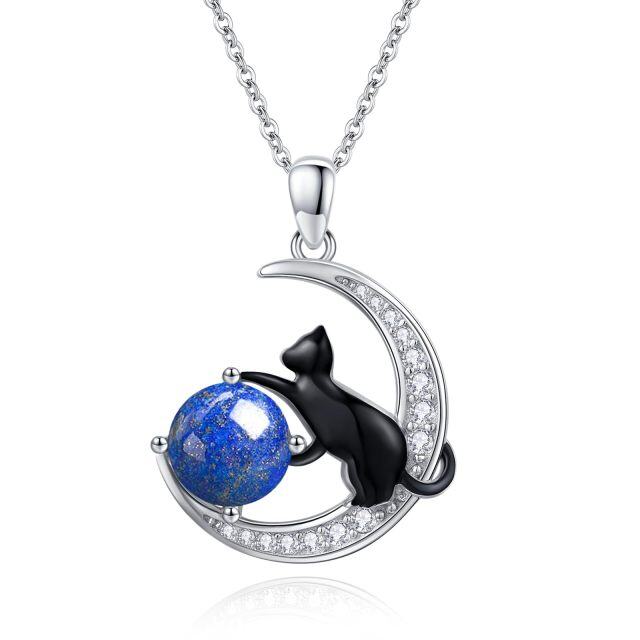 Sterling Silver Two-tone Lapis Lazuli Black Cat and Moon Pendant Necklace-1