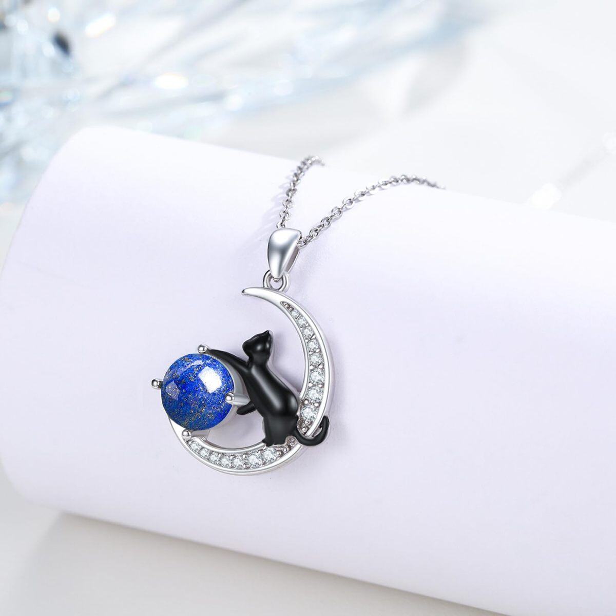 Sterling Silver Two-tone Lapis Lazuli Black Cat and Moon Pendant Necklace-4