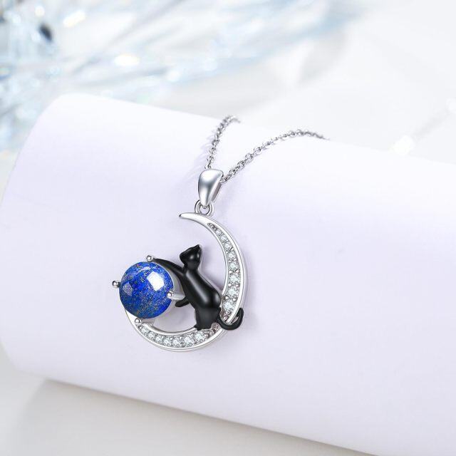 Collana con ciondolo gatto nero e luna in argento sterling bicolore con lapislazzuli-4