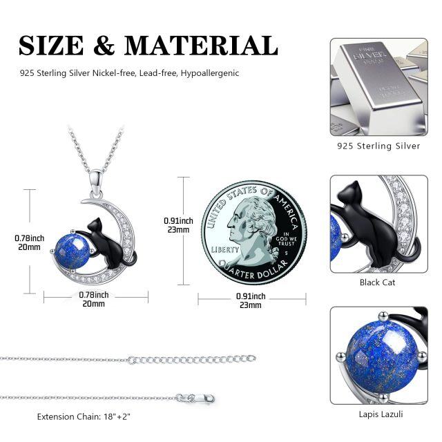 Sterling zilveren tweekleurige Lapis Lazuli zwarte kat en maan hanger ketting-5