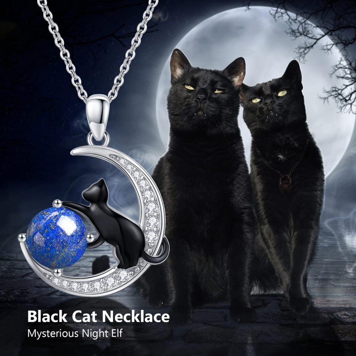 Sterling Silver Two-tone Lapis Lazuli Black Cat and Moon Pendant Necklace-6