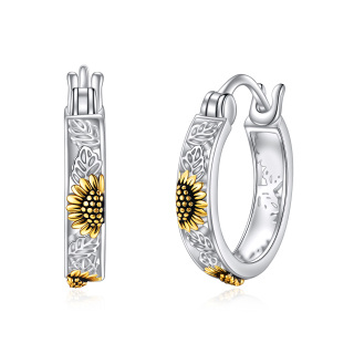 Sterling Silver Two-tone Leaves & Sunflower Hoop Earrings-5