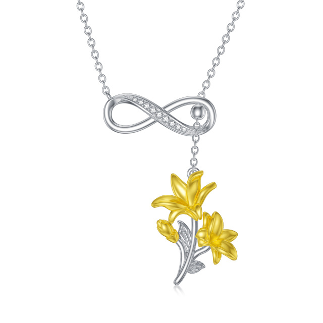 Sterling Silver Two-tone Cubic Zirconia Lily & Infinity Symbol Adjustable Y Necklace-1