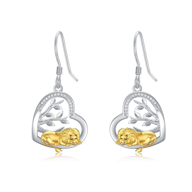 Boucles d'oreilles pendantes en argent sterling avec oxyde de zirconium bicolore et cœur de lion pour femme-1