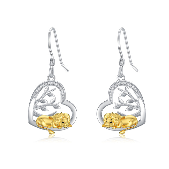 Boucles d'oreilles pendantes en argent sterling avec oxyde de zirconium bicolore et cœur de lion pour femme