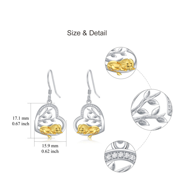 Sterling Silver Two-tone Cubic Zirconia Lion & Heart Drop Earrings for Women-5