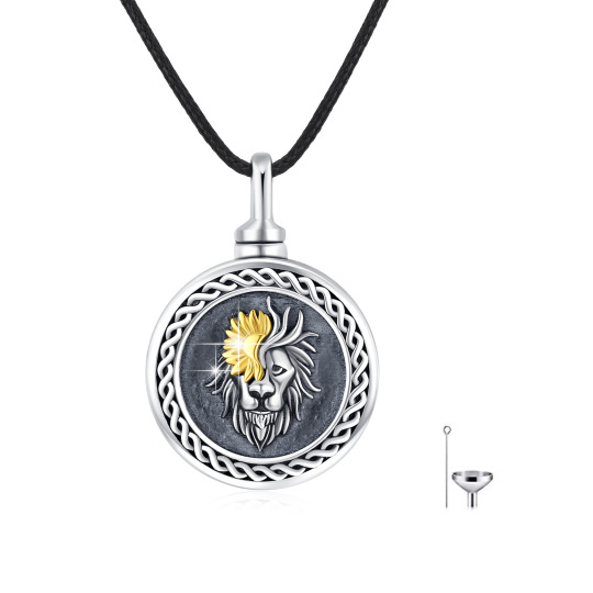 Sterling Silver Two-tone Lion & Round Urn Necklace for Ashes