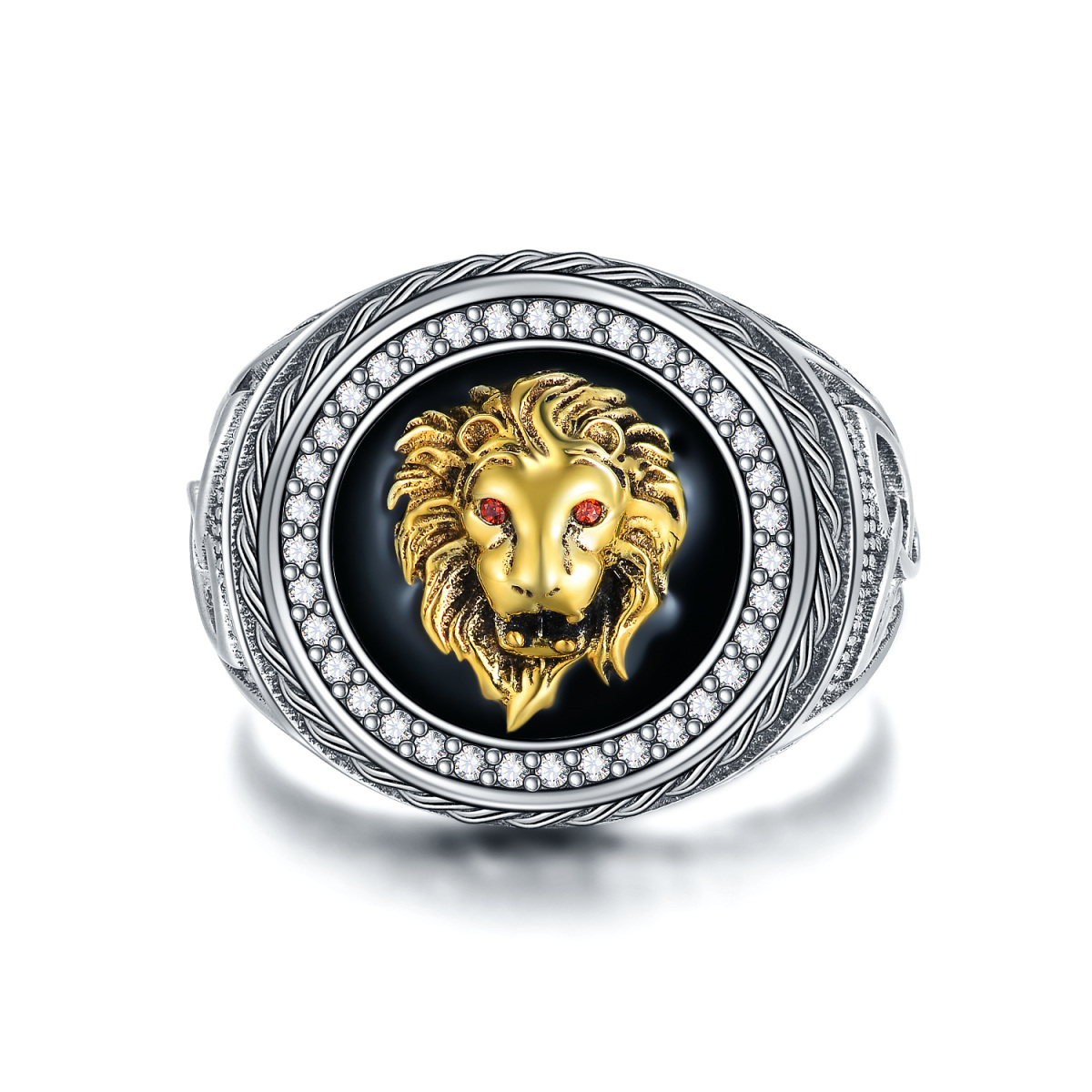 Sterling Silver Two-tone Cubic Zirconia Lion Signet Ring-1