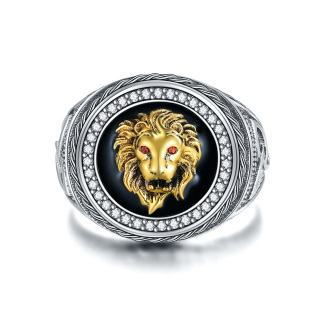 Sterling Silver Two-tone Cubic Zirconia Lion Signet Ring-3