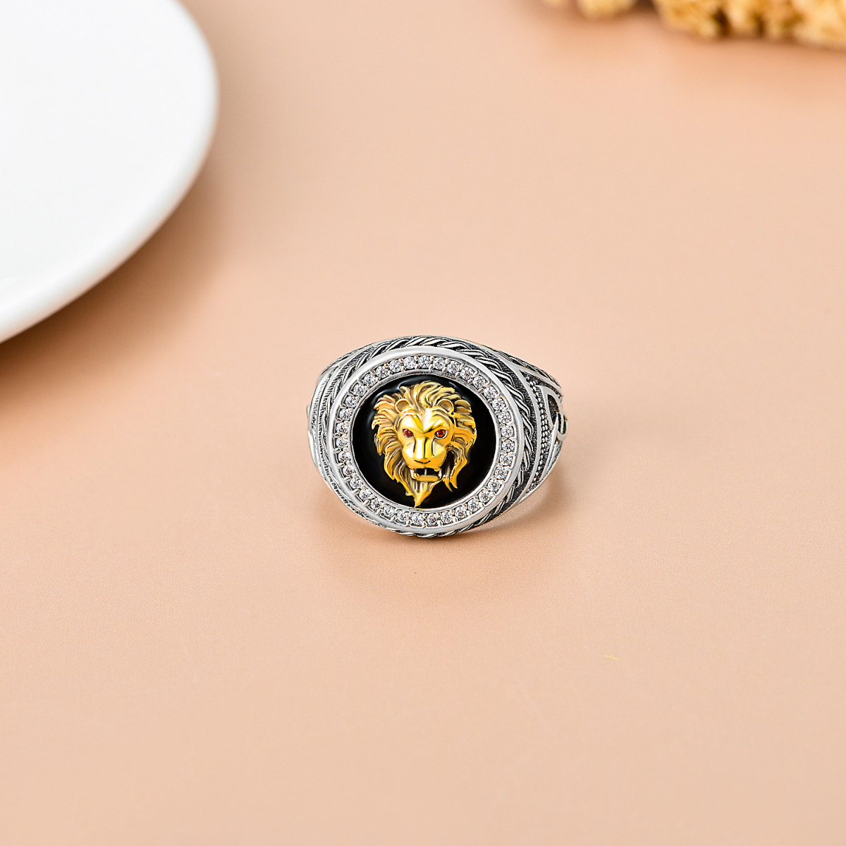 Sterling Silver Two-tone Cubic Zirconia Lion Signet Ring-3