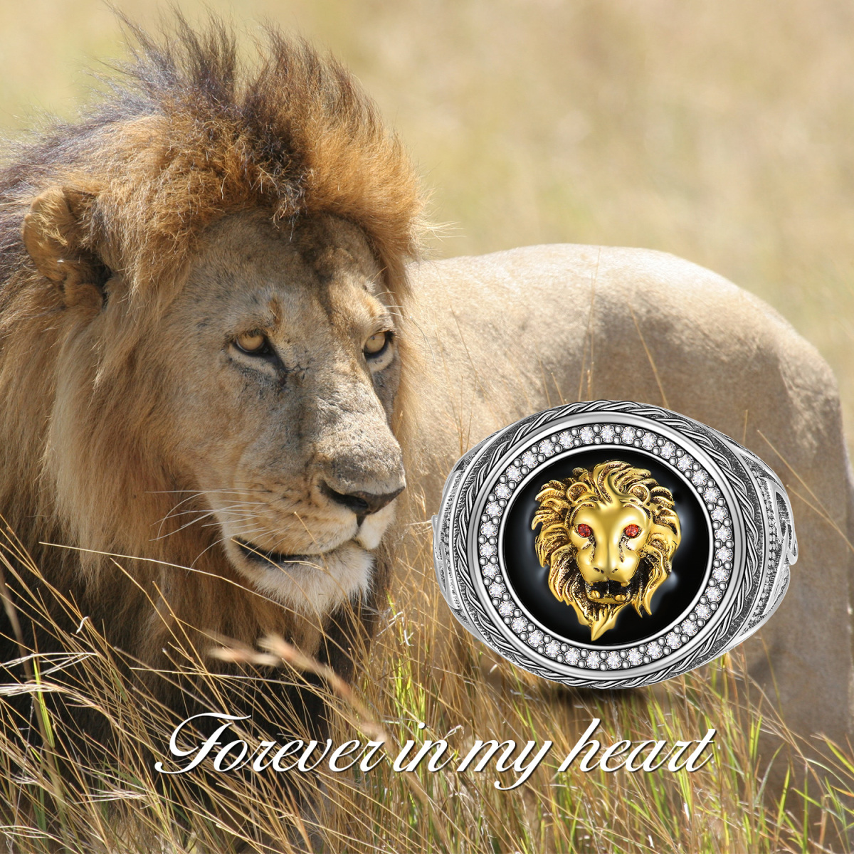 Sterling Silver Two-tone Cubic Zirconia Lion Signet Ring-6