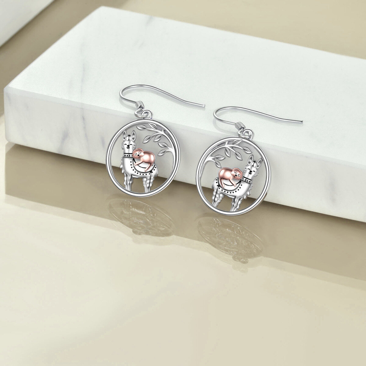 Pendants d'oreilles en argent sterling bicolores avec lama et paresseux-3