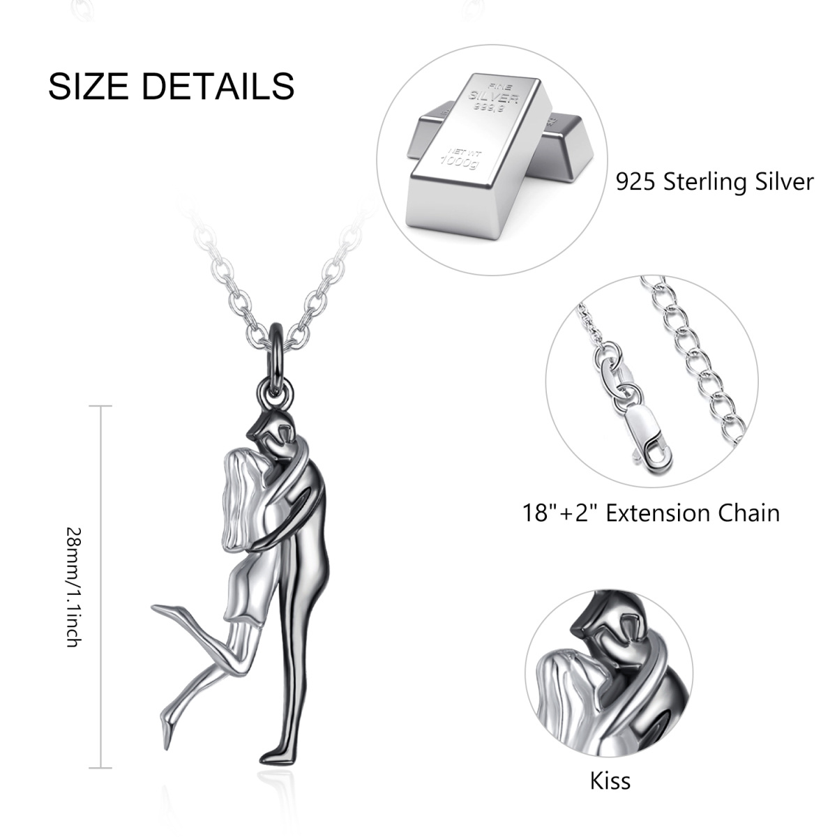 Collier en argent sterling avec pendentif en forme d'étreinte de couple d'amoureux bicolor-5