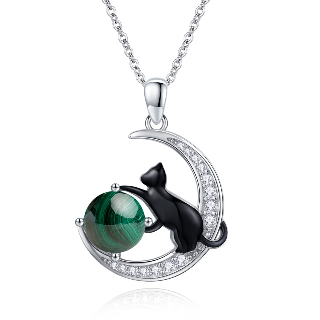 Collier avec pendentif chat noir et lune en malachite bicolore en argent sterling-1