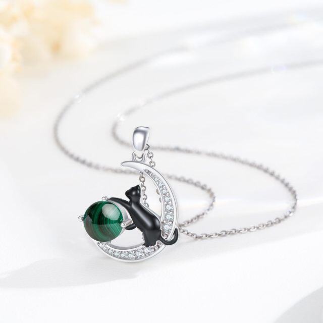 Sterling Silver Two-tone Malachite Black Cat and Moon Pendant Necklace-4