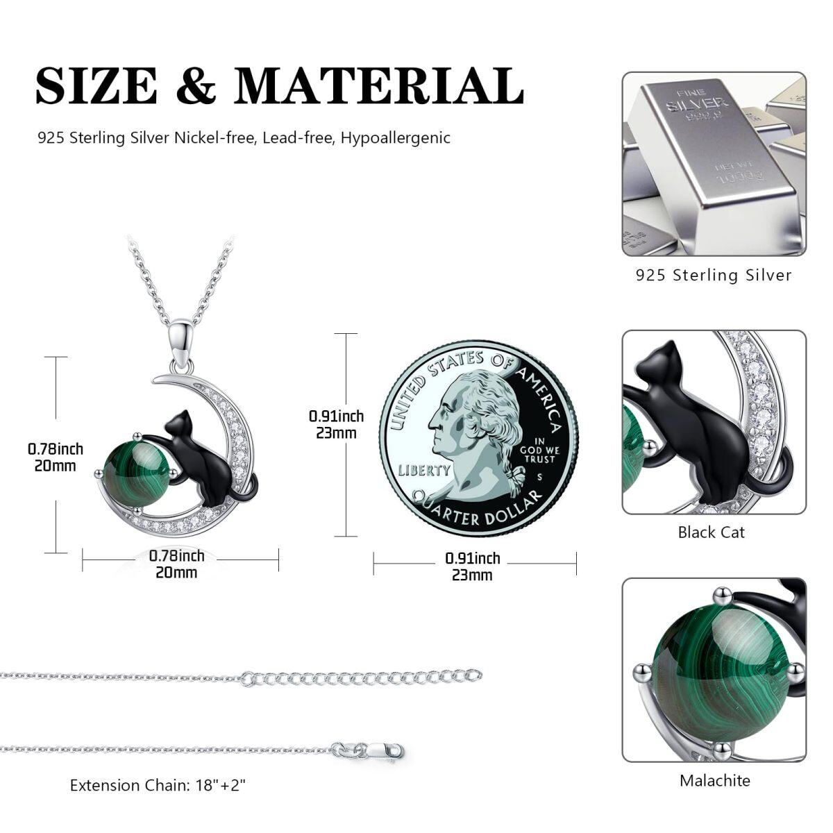 Sterling Silver Two-tone Malachite Black Cat and Moon Pendant Necklace-5