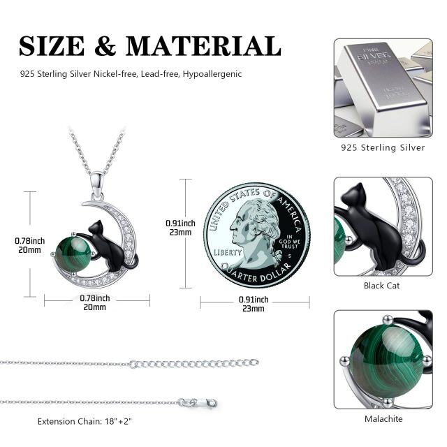 Collier avec pendentif chat noir et lune en malachite bicolore en argent sterling-5