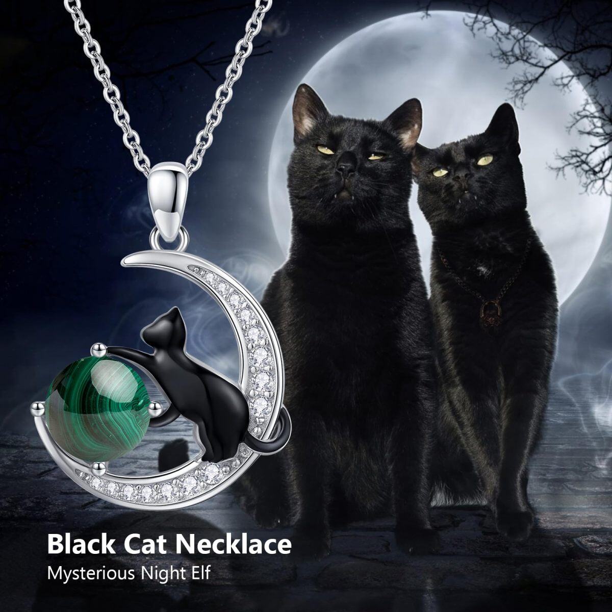 Sterling Silver Two-tone Malachite Black Cat and Moon Pendant Necklace-6