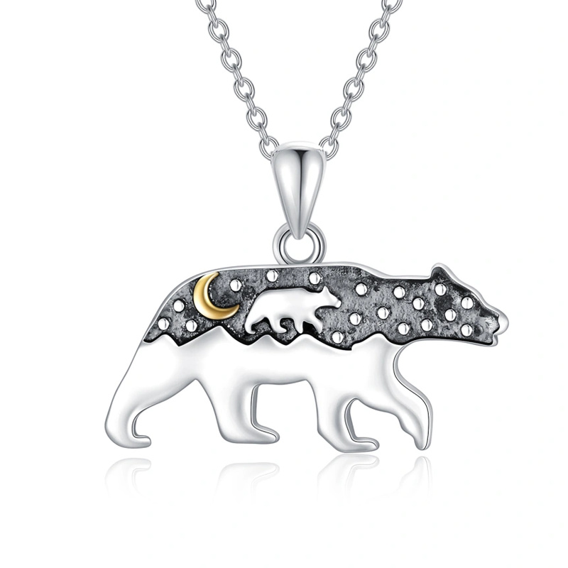 Sterling Silver Two-tone Mama Bear & Moon Pendant Necklace-1