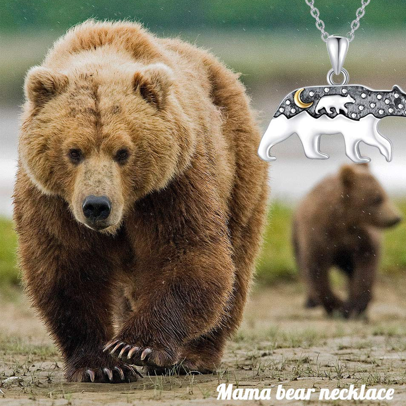 Sterling Silver Two-tone Mama Bear & Moon Pendant Necklace-4