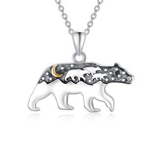 Sterling Silver Two-tone Mama Bear & Moon Pendant Necklace-9