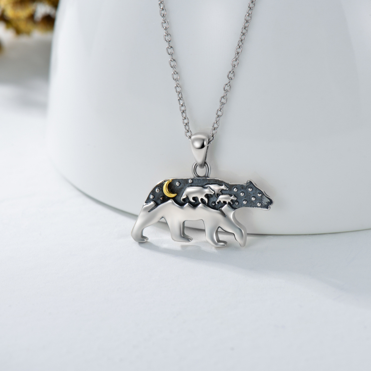 Sterling Silver Two-tone Mama Bear & Moon Pendant Necklace-3