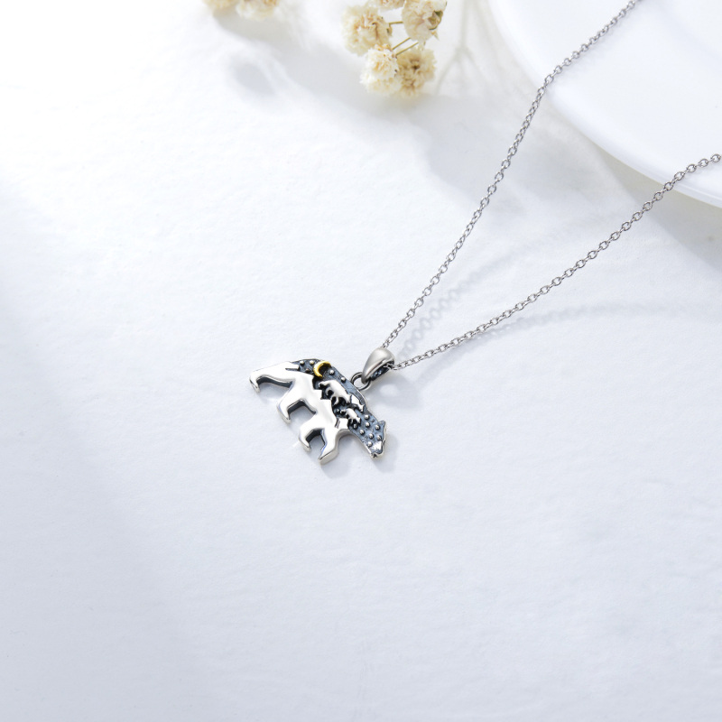 Sterling Silver Two-tone Mama Bear & Moon Pendant Necklace-4