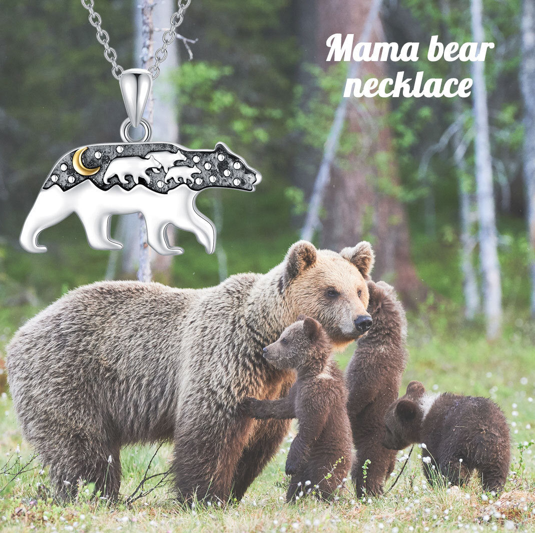 Sterling Silver Two-tone Mama Bear & Moon Pendant Necklace-6