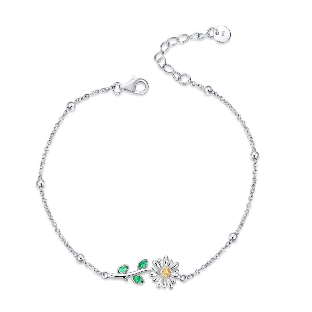 Sterling Silver Two-tone Marquise Shaped Crystal Daisy Charm Bracelet-1