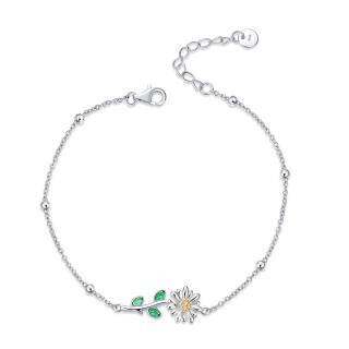 Sterling Silver Two-tone Marquise Shaped Crystal Daisy Pendant Bracelet-3