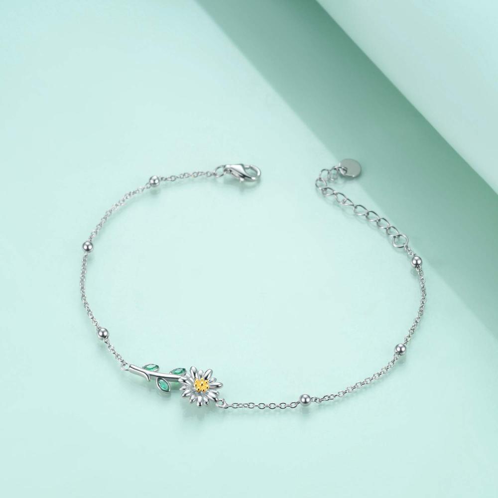 Zweifarbiges Sterling Silber Armband mit Gänseblümchen-Anhänger in Marquise-Form-3
