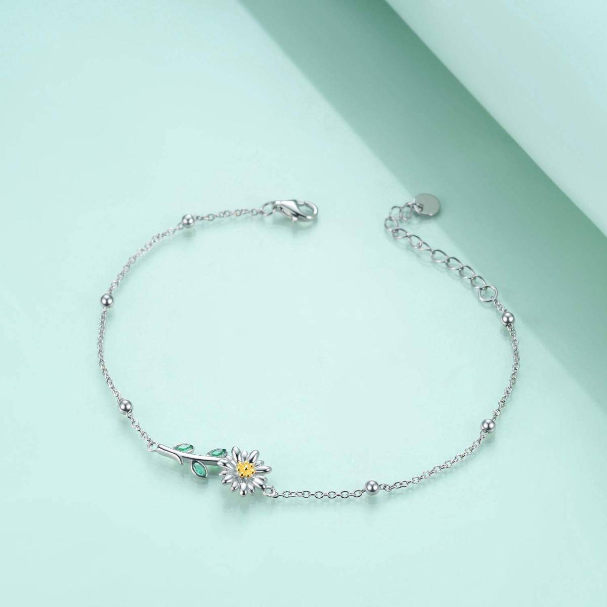 Sterling Silver Two-tone Marquise Shaped Crystal Daisy Charm Bracelet-3