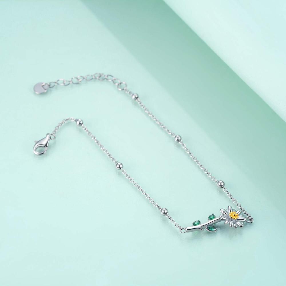Zweifarbiges Sterling Silber Armband mit Gänseblümchen-Anhänger in Marquise-Form-4