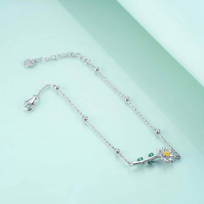 Sterling Silver Two-tone Marquise Shaped Crystal Daisy Charm Bracelet-4
