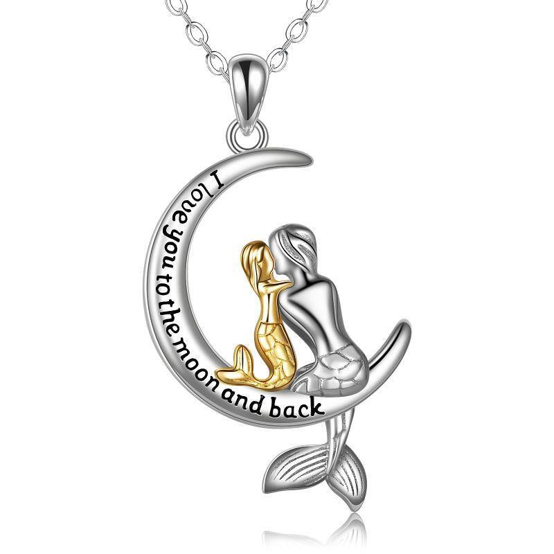 Sterling Silver Two-tone Mermaid & Moon Pendant Necklace with Engraved Word-1