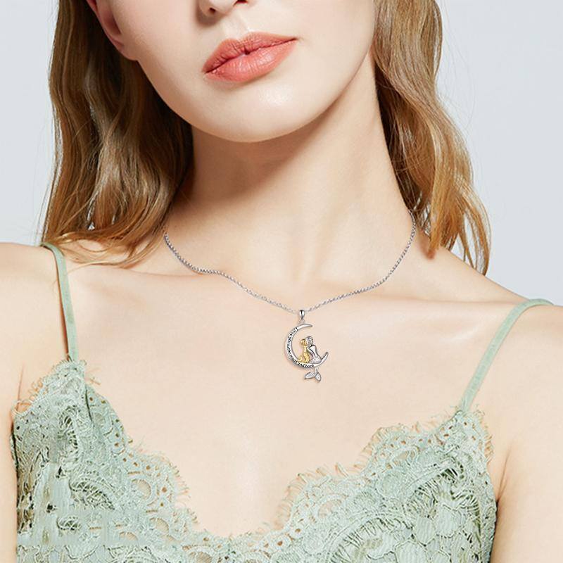 Collar de plata de ley con colgante de sirena y luna en dos tonos y palabra grabada-2