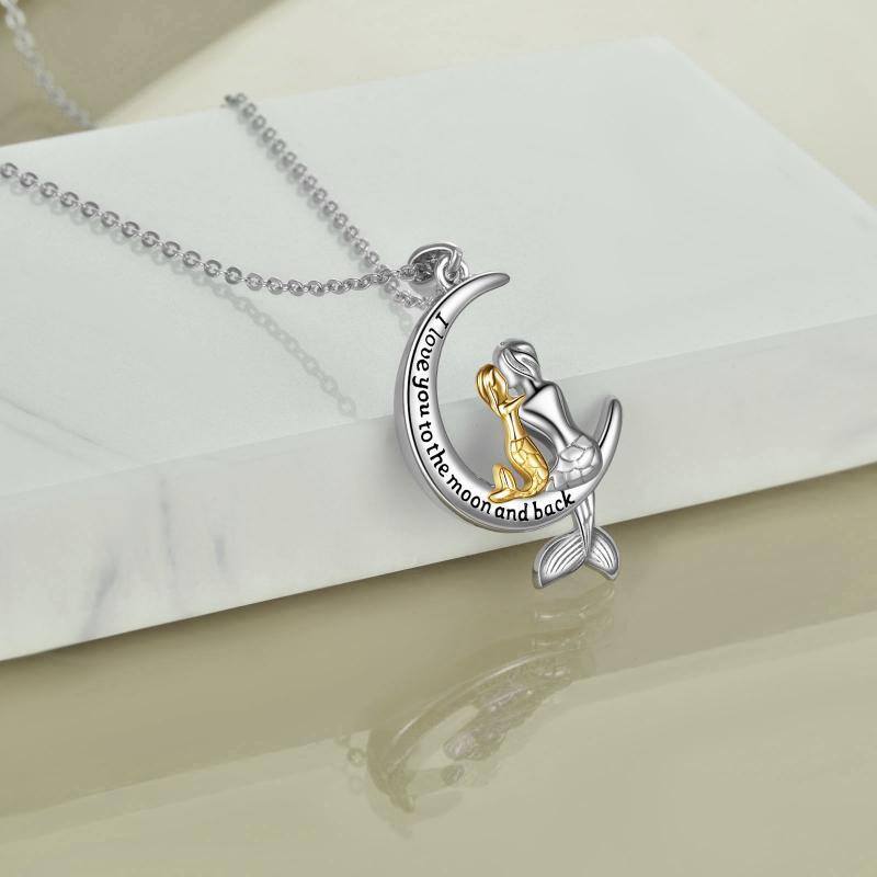 Sterling Silver Two-tone Mermaid & Moon Pendant Necklace with Engraved Word-4