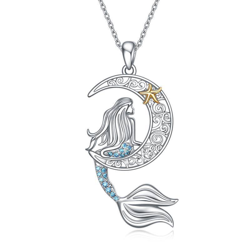 Collar de plata de ley con colgante de sirena y luna en dos tonos de circonita cúbica-1