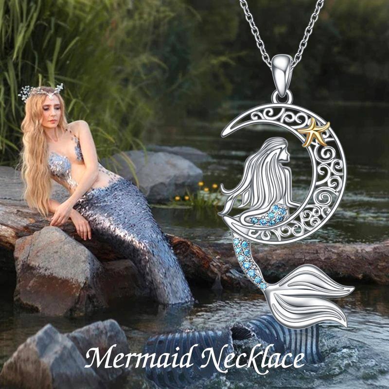 Sterling Silver Two-tone Cubic Zirconia Mermaid & Moon Pendant Necklace-3