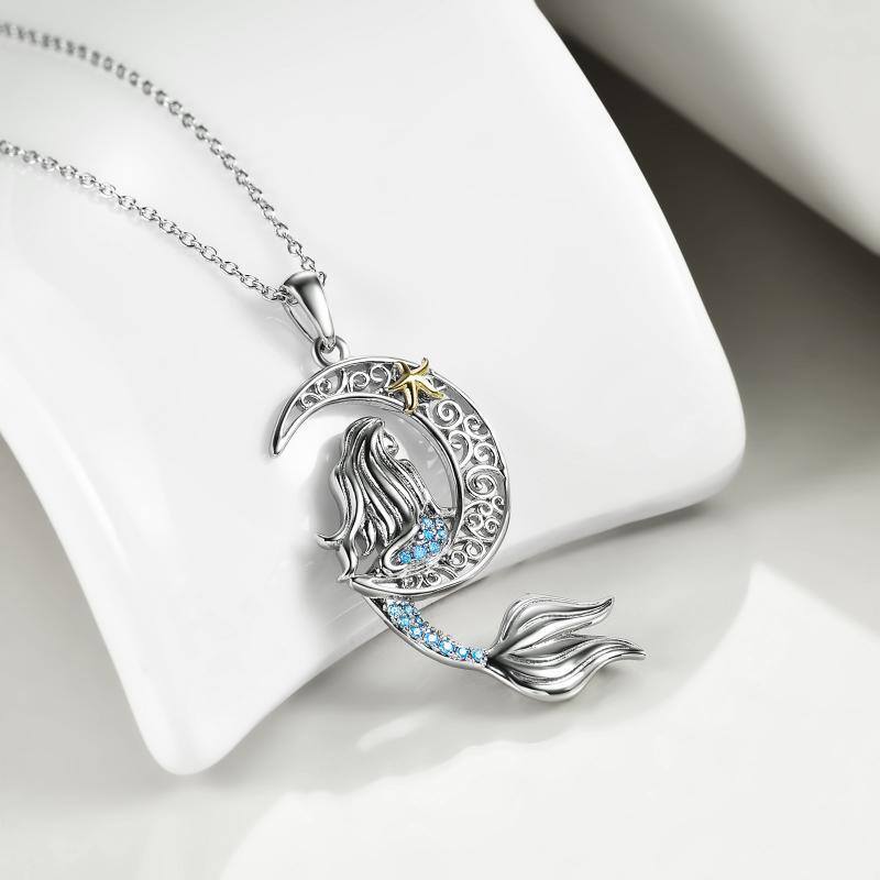 Sterling Silver Two-tone Cubic Zirconia Mermaid & Moon Pendant Necklace-5