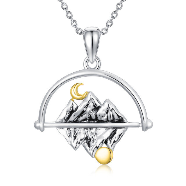 Sterling Silver Two-tone Moon & Mountains Pendant Necklace-4