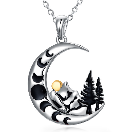 Sterling Silver Two-tone Moon & Mountains & Sun Pendant Necklace-2