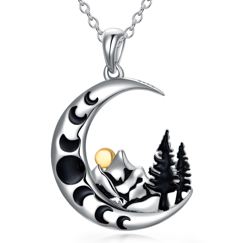 Sterling Silver Two-tone Moon & Mountains & Sun Pendant Necklace