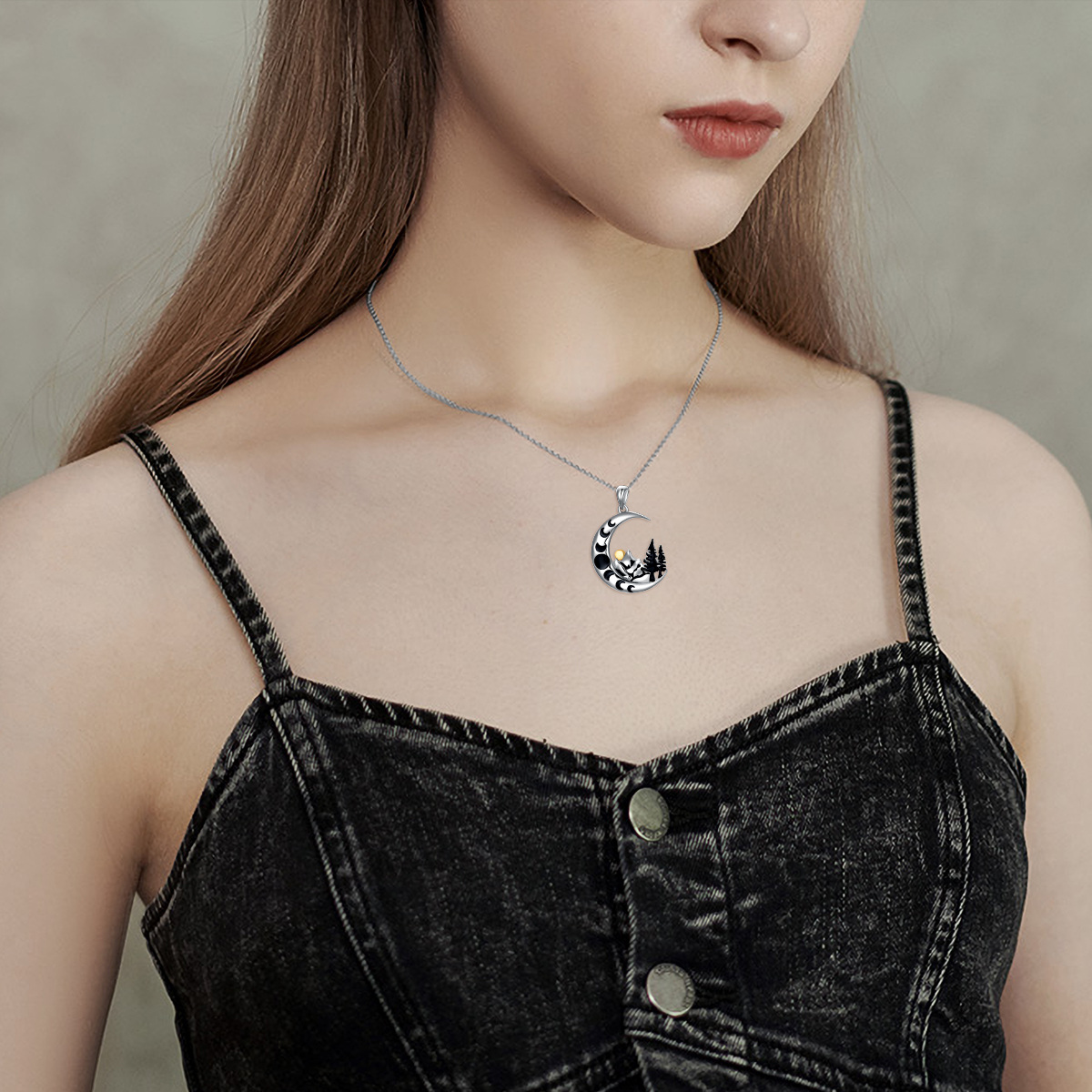 Collana da donna con pendente bicolore in argento sterling con montagna e sole luna-2