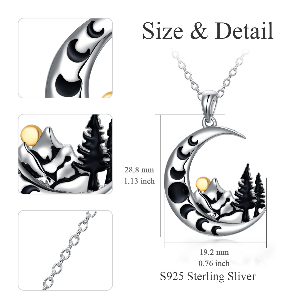 Collana da donna con pendente bicolore in argento sterling con montagna e sole luna-3