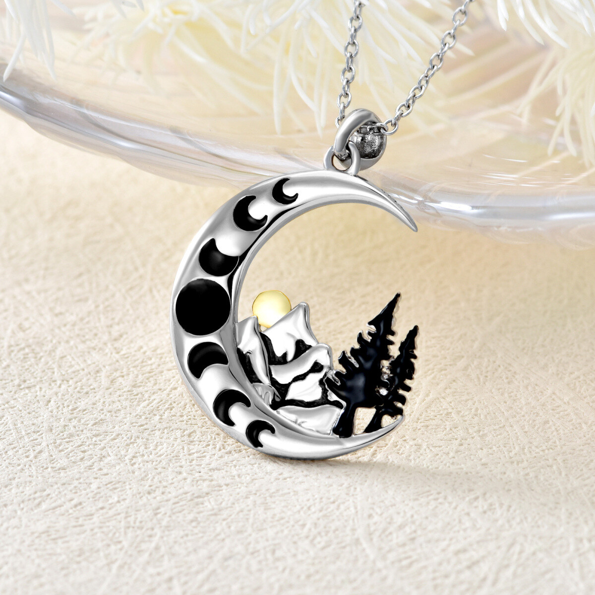 Collier avec pendentif montagne et soleil et lune bicolore en argent sterling pour femme-4