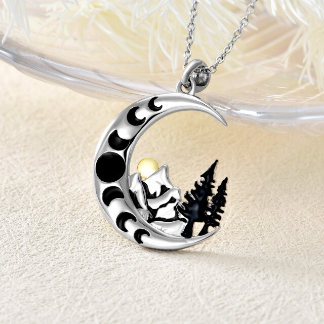 Sterling Silver Two-tone Moon & Mountains & Sun Pendant Necklace-4