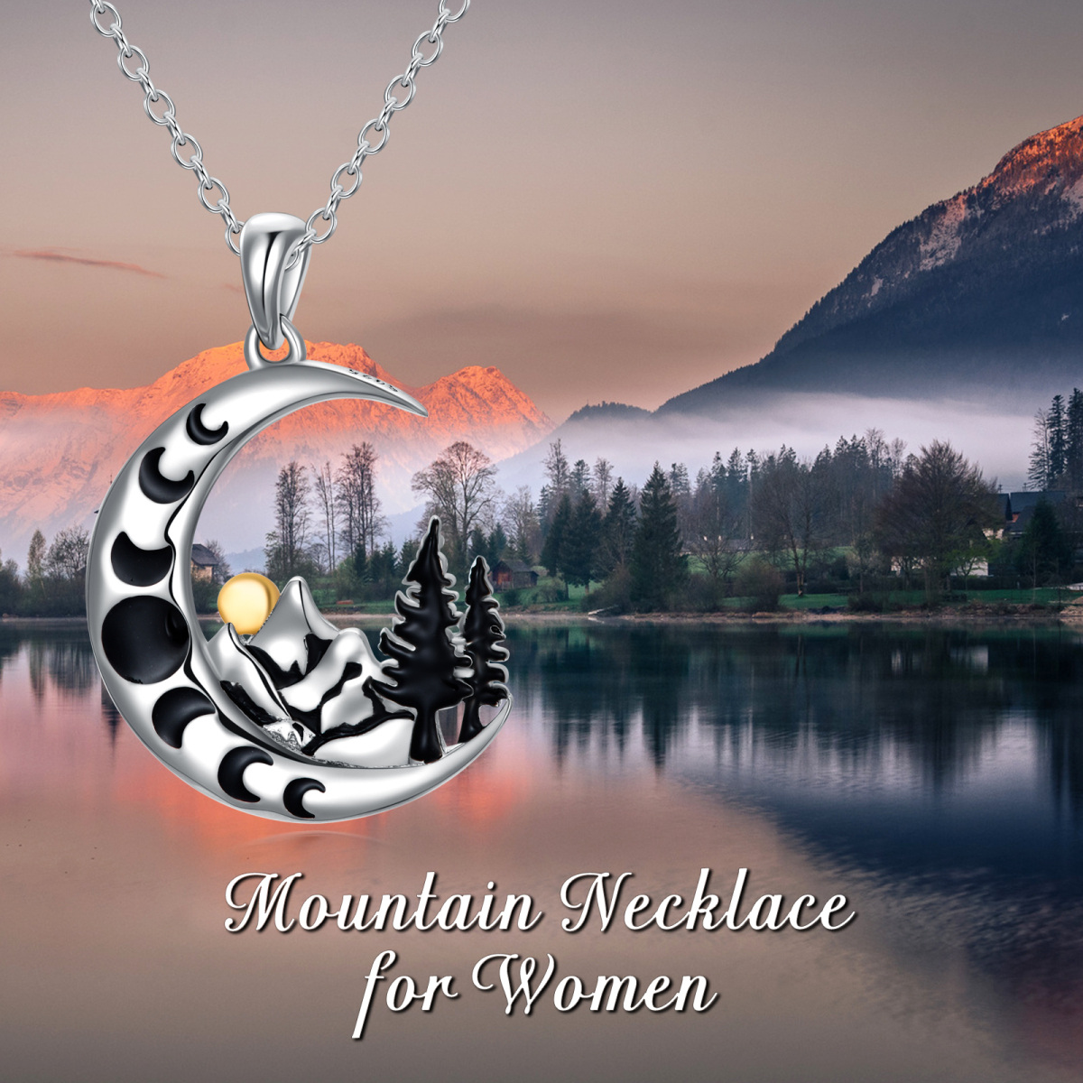 Sterling Silver Two-Tone Mountain And Sun Moon Pendant Necklace For Women-6