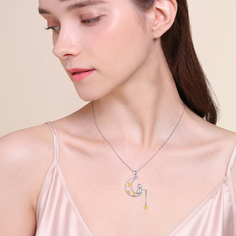Sterling Silver Two-tone Moon & Star Pendant Necklace-2