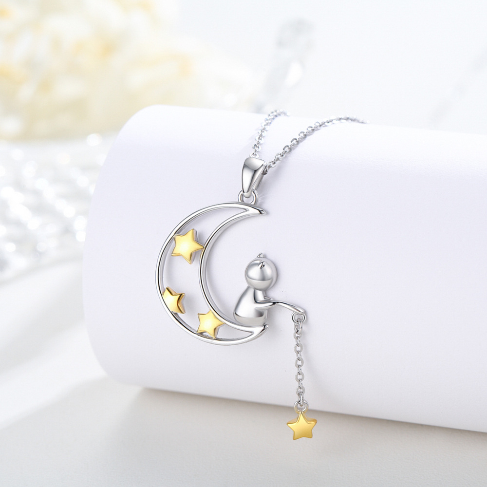 Sterling Silver Two-tone Moon & Star Pendant Necklace-4